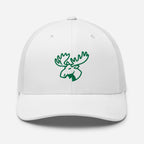 Mens white moose hunting trucker hat with green embroidered moose outline