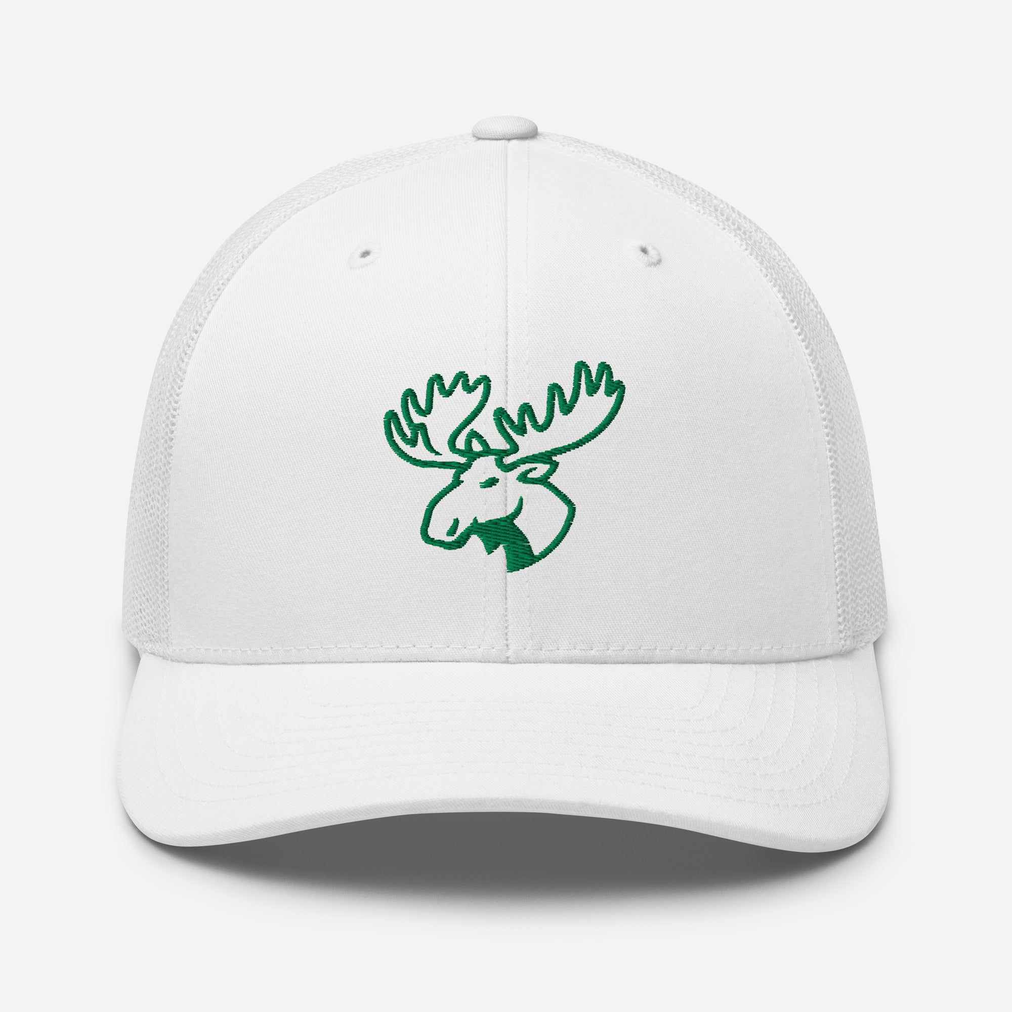 Mens white moose hunting trucker hat with green embroidered moose outline