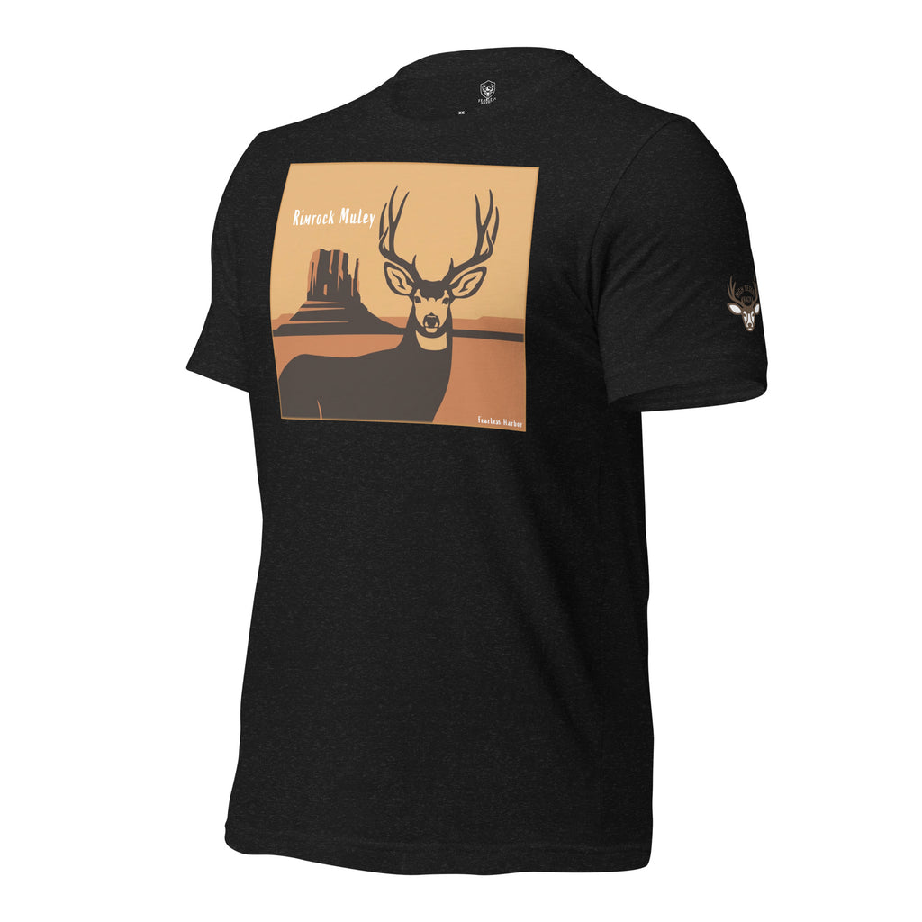 Men's Mule Deer Canyon Poster Tee in Black Heather with High Desert Rack mule deer emblem on the left sleeve