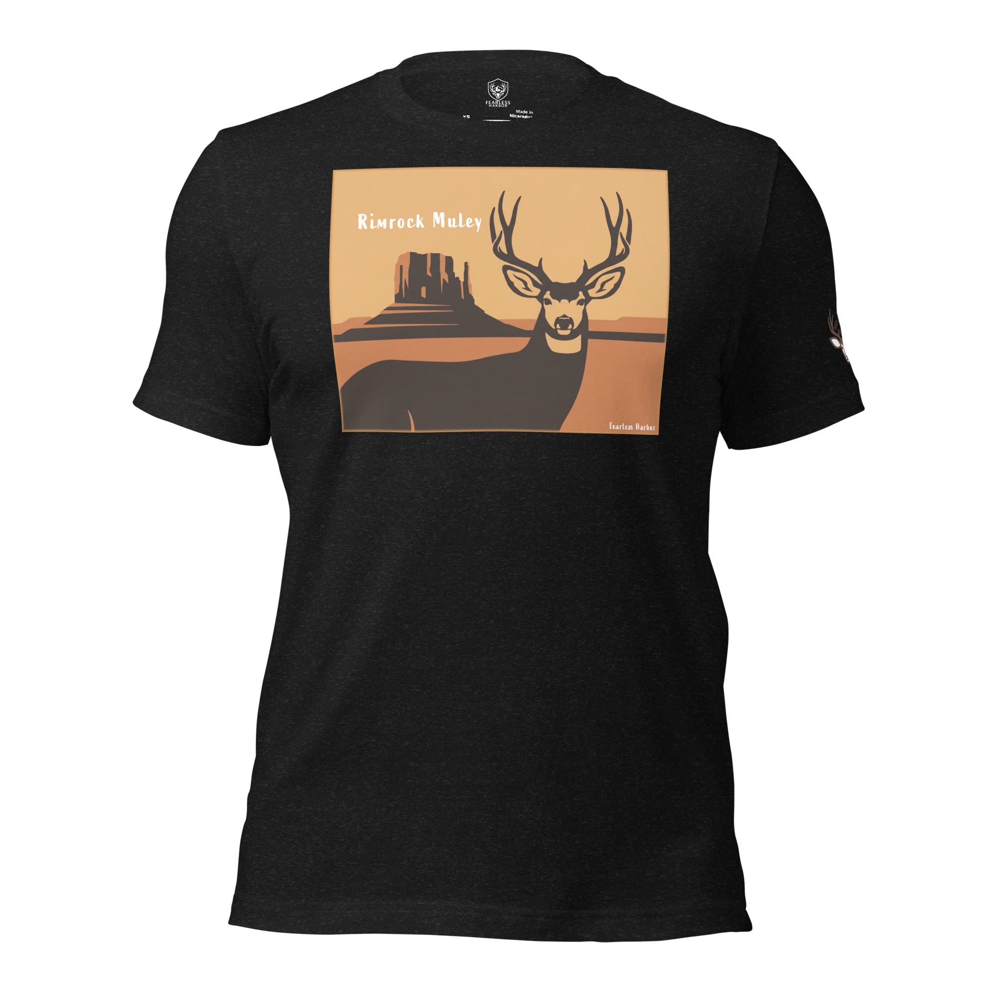 Men's Mule Deer Canyon Poster Tee in Black Heather with retro mule deer and canyon butte artwork