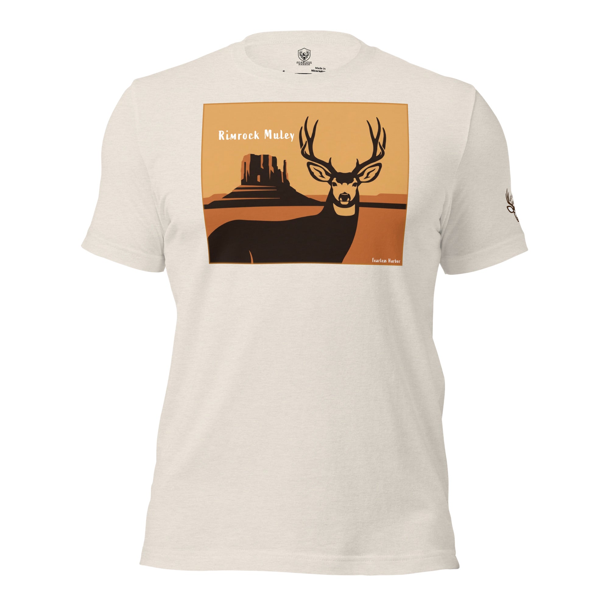 Men's Mule Deer Canyon Poster Tee in Heather Dust showing mule deer buck and canyon poster style artwork