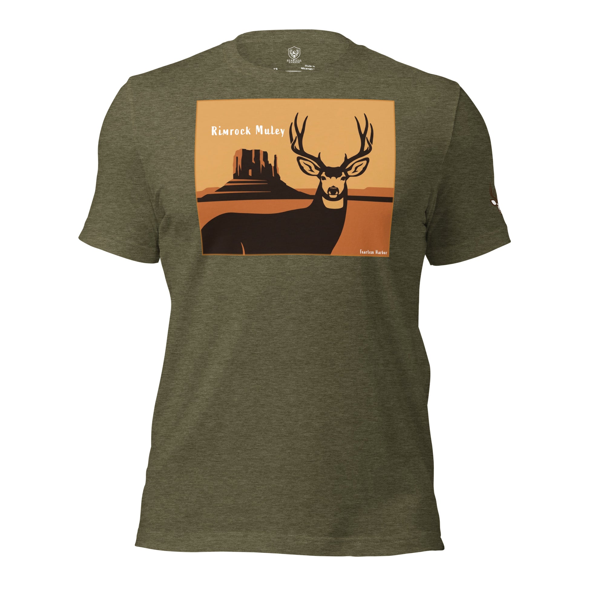 Men's Mule Deer Canyon Poster Tee in Heather Olive featuring retro mule deer buck and canyon landscape design