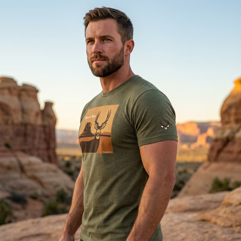 Man outdoors wearing the Men's Mule Deer Canyon Poster Tee in Olive Heather showing the High Desert Rack emblem on the left sleeve