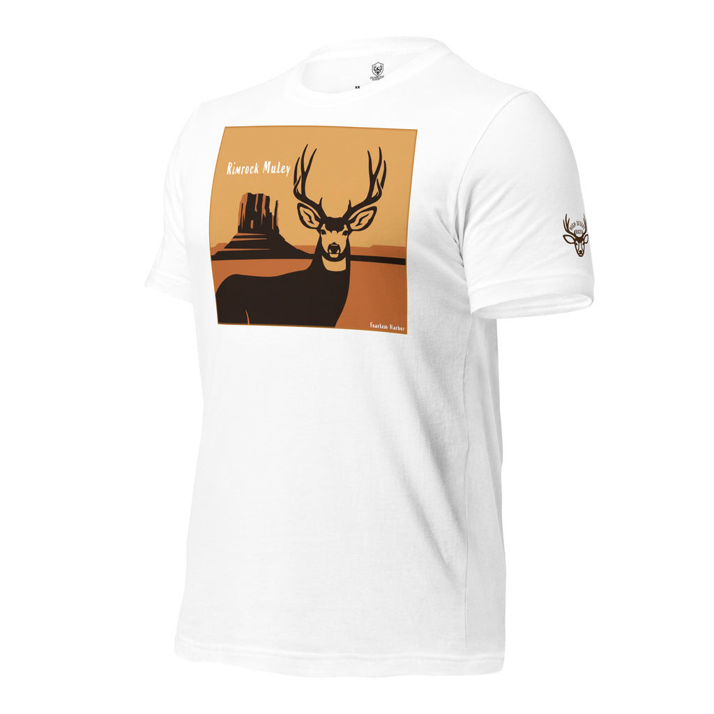 Men's Mule Deer Canyon Poster Tee in White featuring the High Desert Rack mule deer emblem
