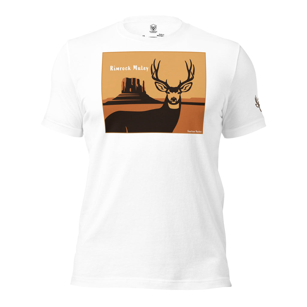 Men's Mule Deer Canyon Poster Tee in White with retro canyon poster mule deer graphic