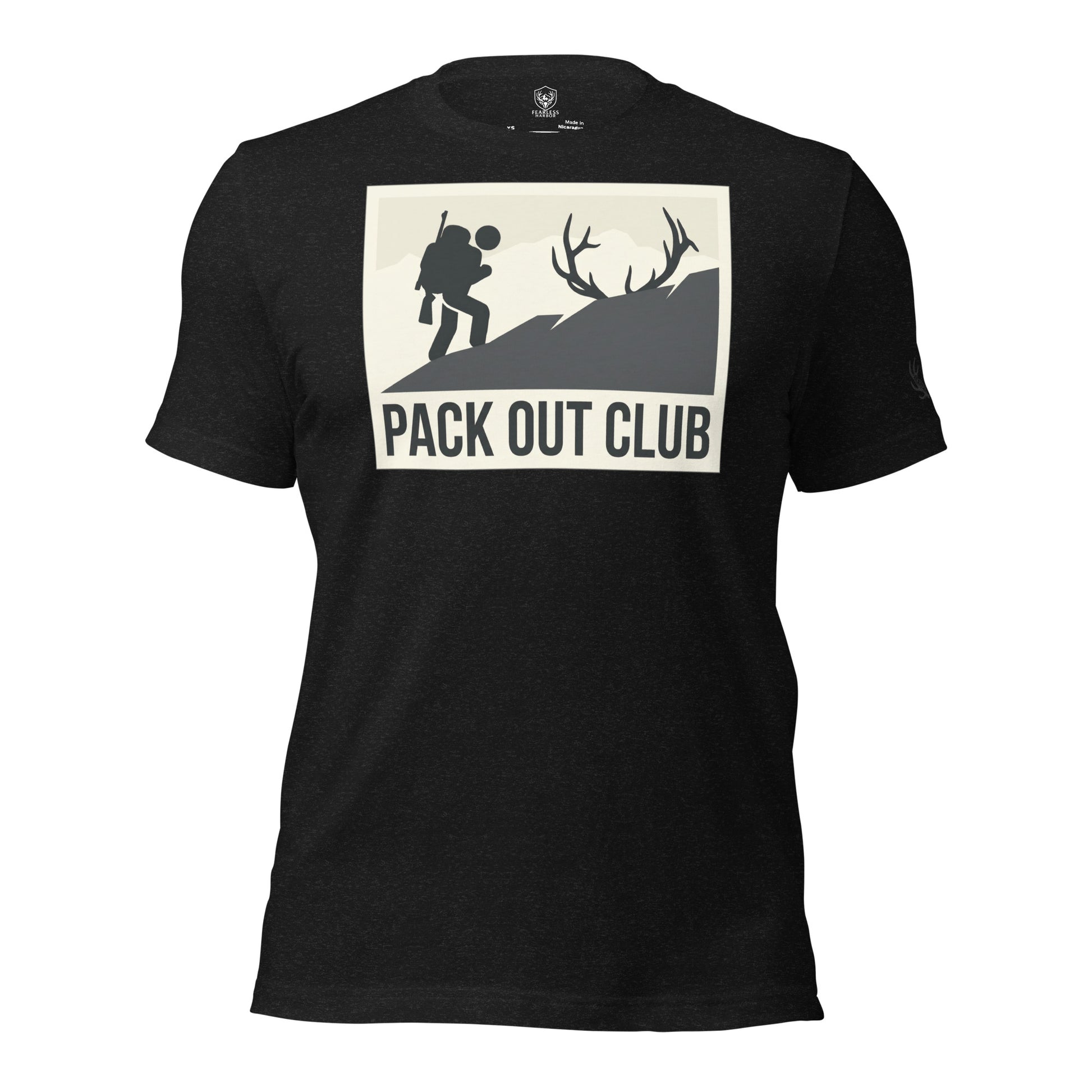 Front view of the Men's Pack Out Club Tee in Black Heather with pack out hiker graphic inspired by elk country pack outs