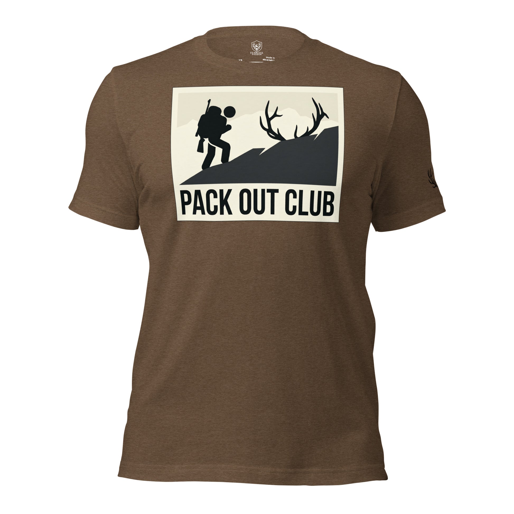 Front view of the Men's Pack Out Club Tee in Heather Brown with pack out hiker design inspired by western elk hunting pack outs