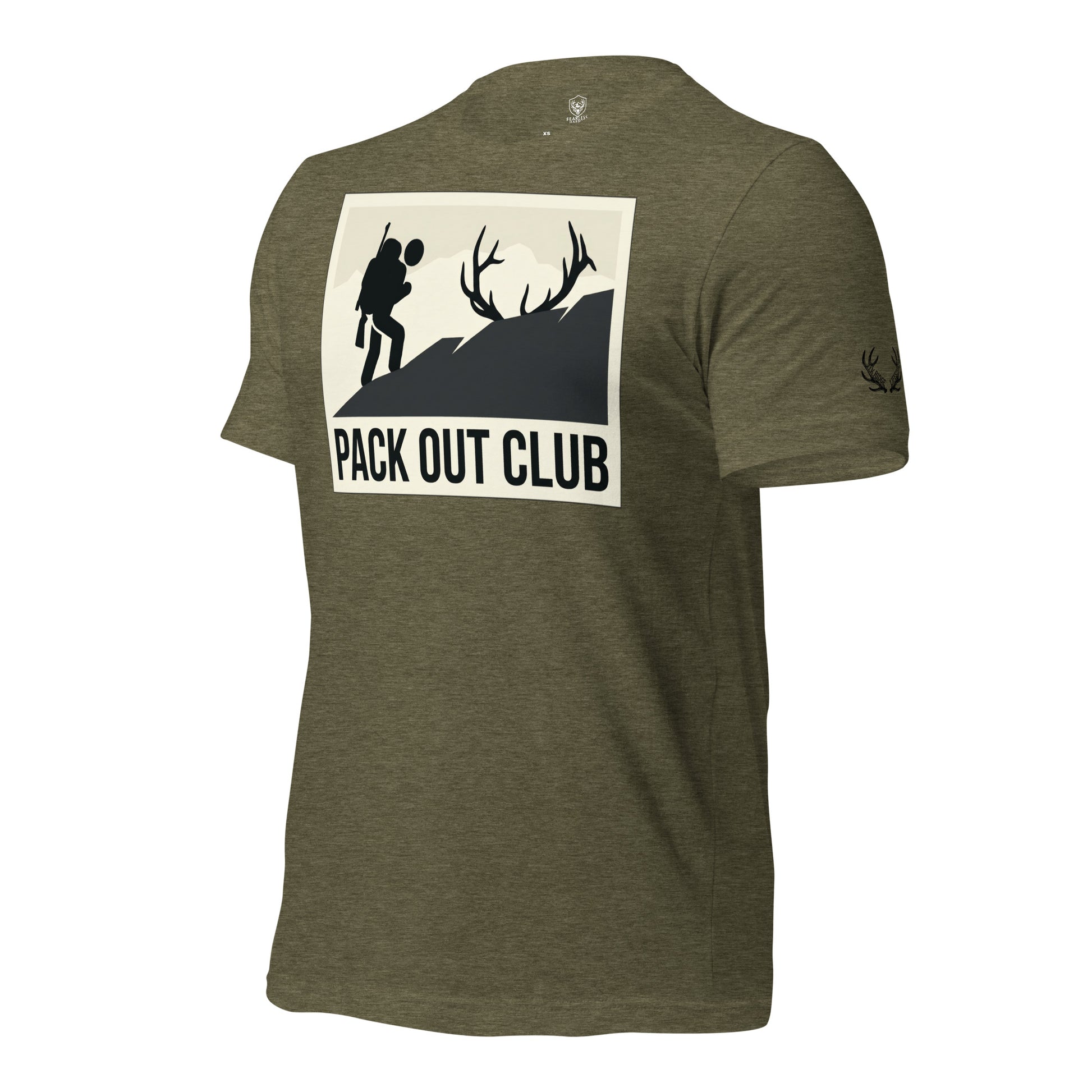 Side view of the Men's Pack Out Club Tee in Heather Olive showing the Fearless Harbor antler sleeve emblem