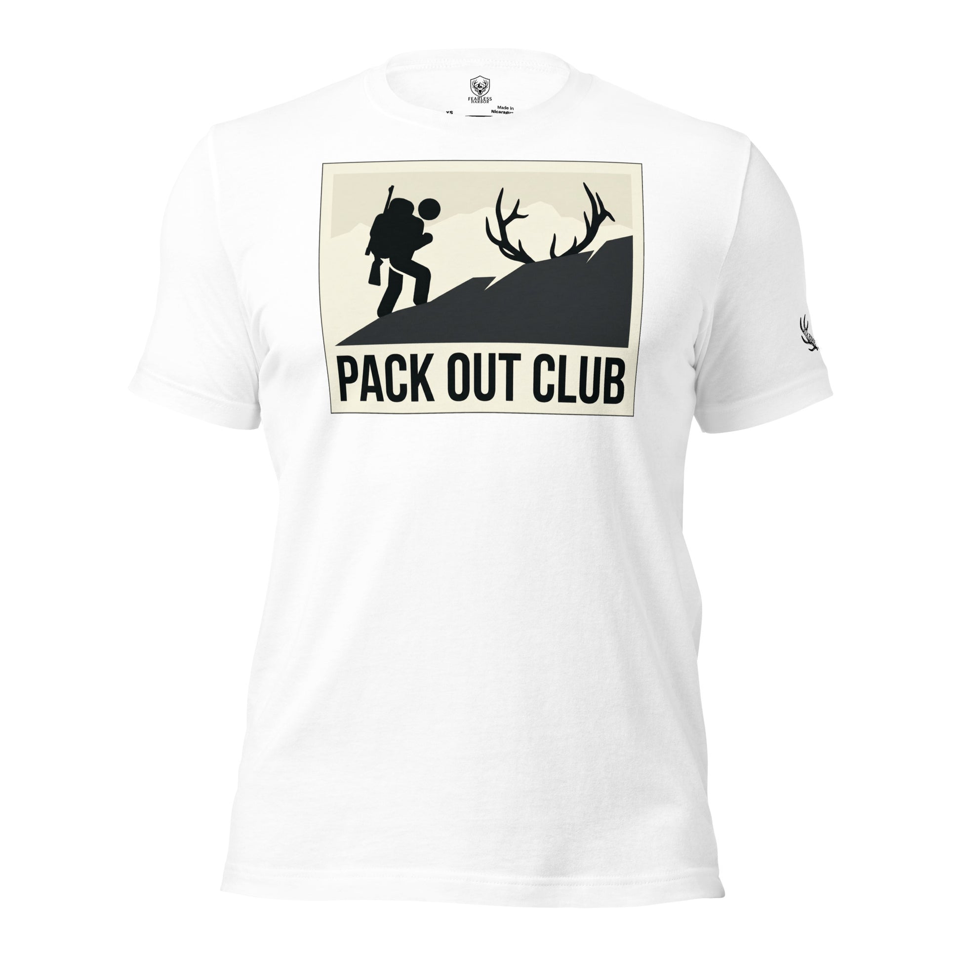 Front view of the Men's Pack Out Club Tee in White with pack out hiker graphic tied to elk ridge country pack outs