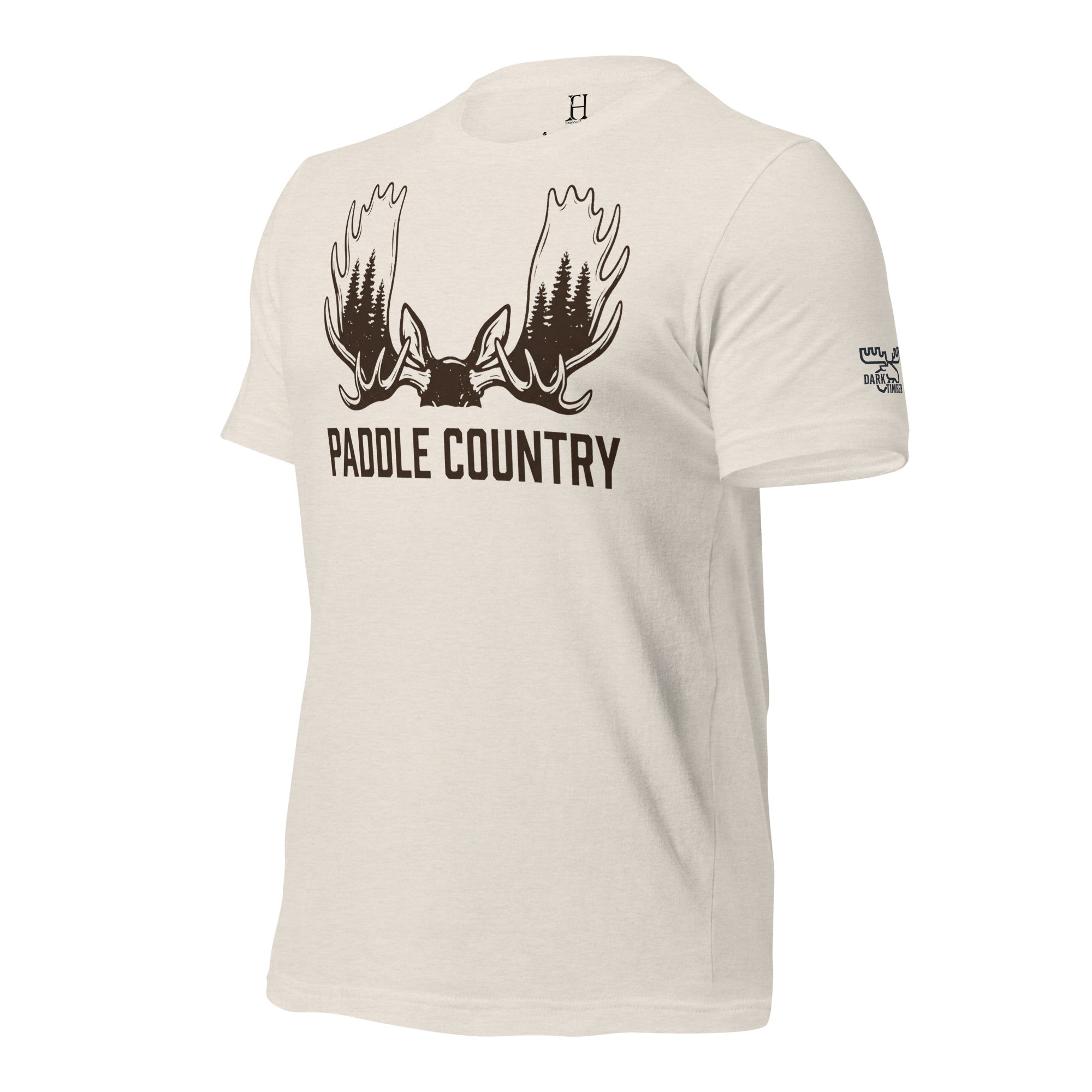 Side view of the Men's Paddle Country Moose Tee in Heather Dust showing the Dark Timber arm emblem