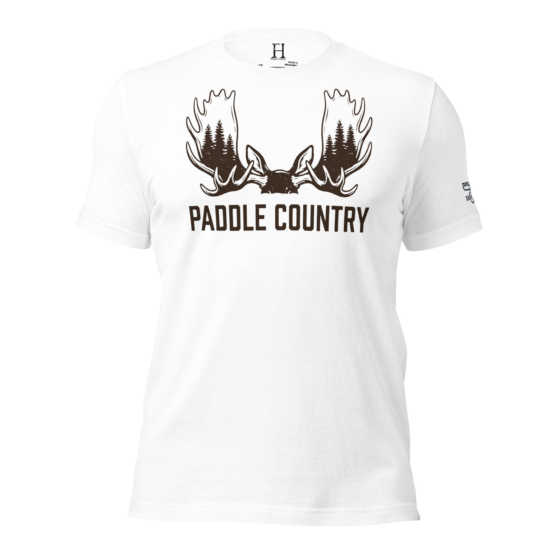 Front view of the Men's Paddle Country Moose Tee in White with paddle antler and timber silhouette graphic