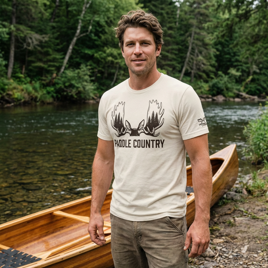 Man outdoors wearing the Men's Paddle Country Moose Tee in White side view highlighting the Dark Timber arm emblem in a field and forest backdrop