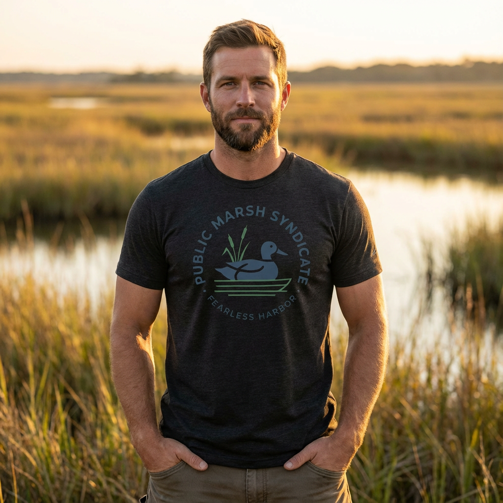 Man wearing the charcoal black Public Marsh Syndicate duck hunting tee with waterfowl chest logo in an outdoor marsh setting