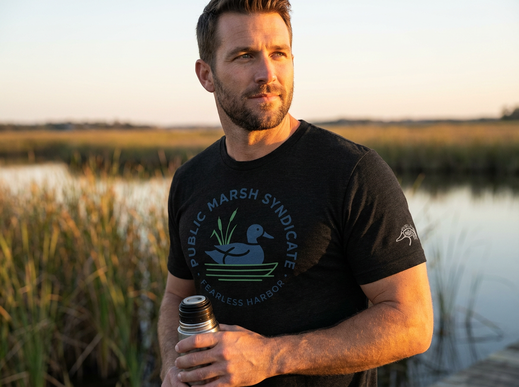 Man wearing charcoal black Public Marsh Syndicate waterfowl tee showing duck hunting sleeve emblem in a marsh setting