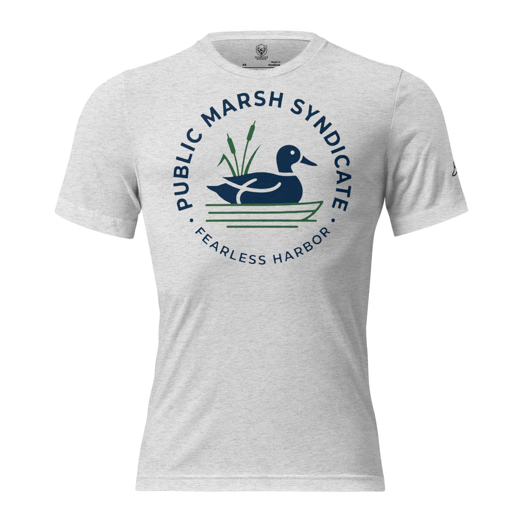 White fleck Public Marsh Syndicate duck hunting tee with waterfowl chest logo