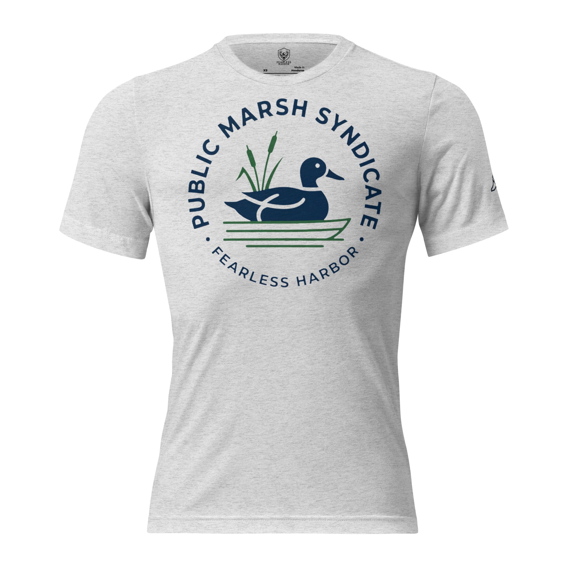 White fleck Public Marsh Syndicate duck hunting tee with waterfowl chest logo