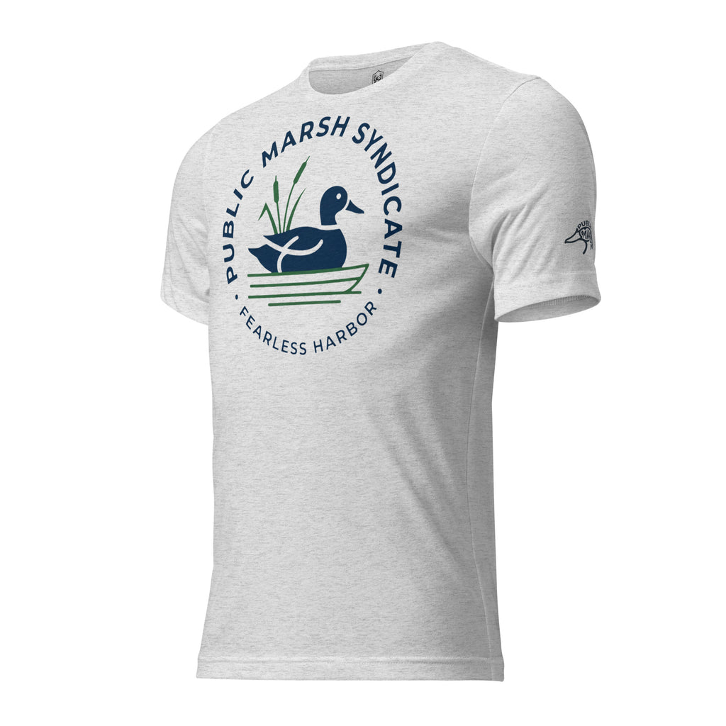 White fleck Public Marsh Syndicate waterfowl tee showing duck hunting sleeve mark