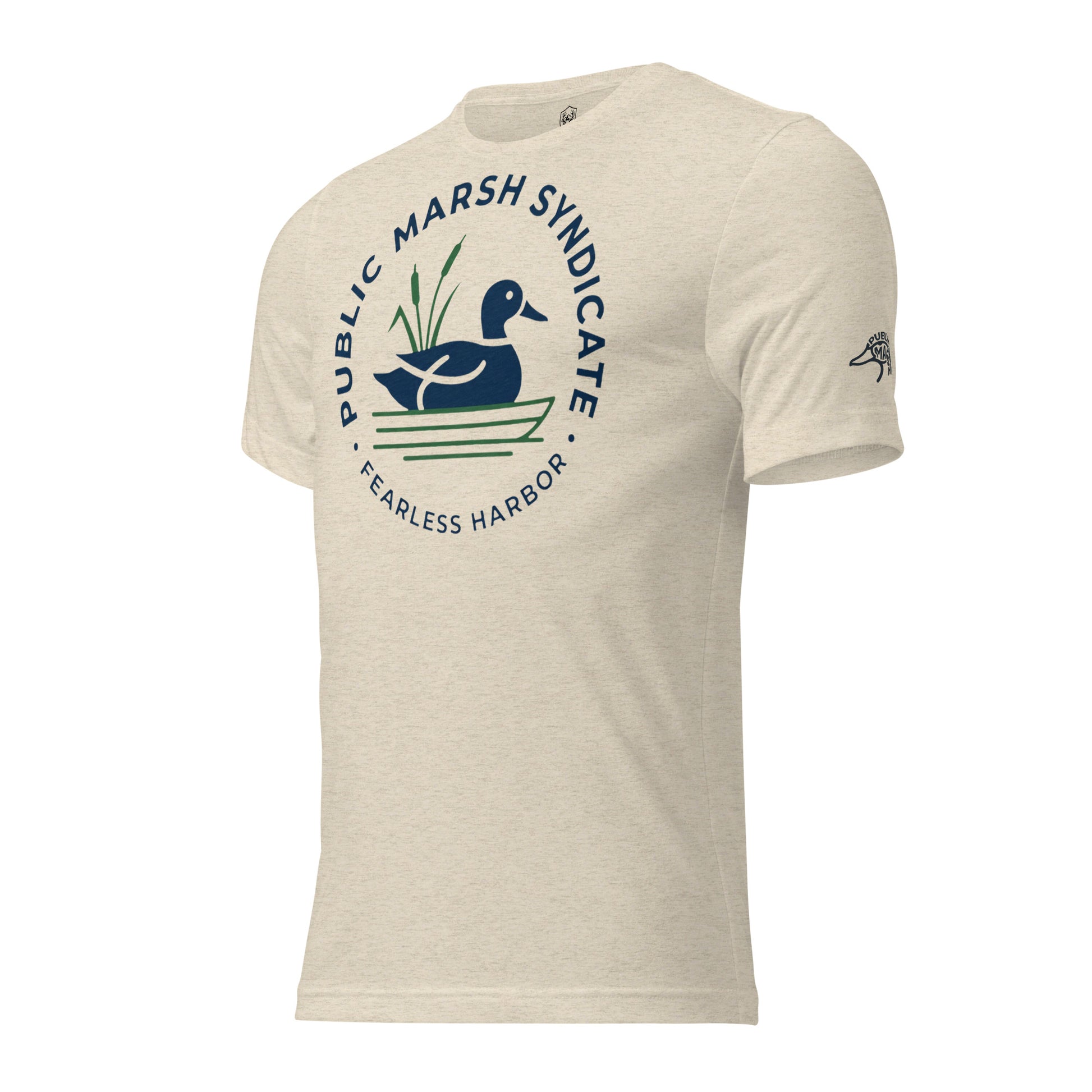 Oatmeal triblend Public Marsh Syndicate tee showing small Public Marsh logo on left sleeve