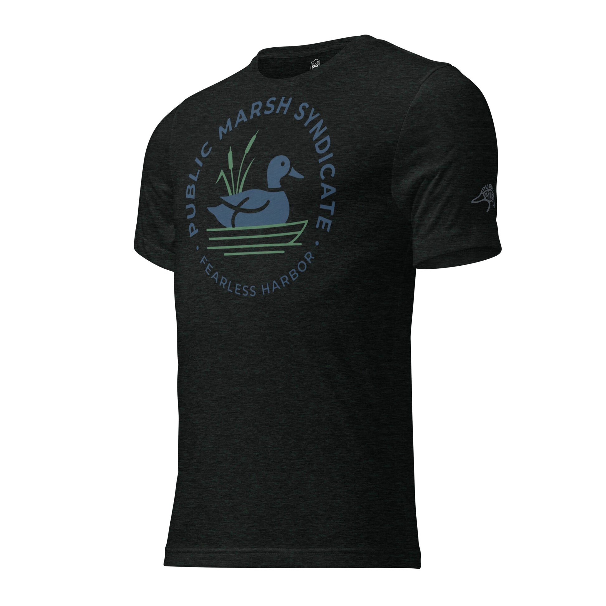 Men's Public Marsh Syndicate Tee in Charcoal Black Triblend with duck and cattail circle badge graphic on the left sleeve.