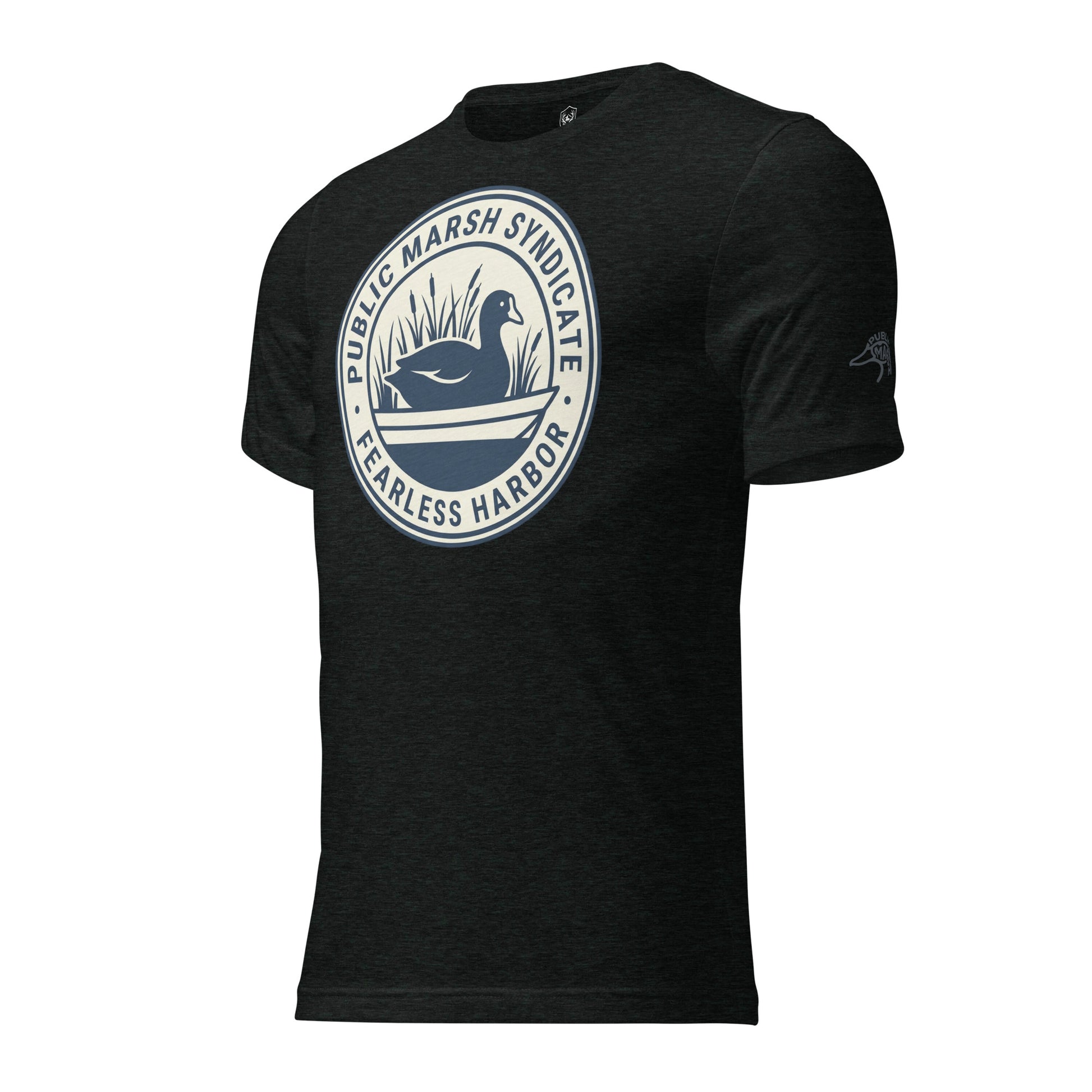 Charcoal black Public Marsh Syndicate waterfowl tee showing coot sleeve emblem for public land hunters