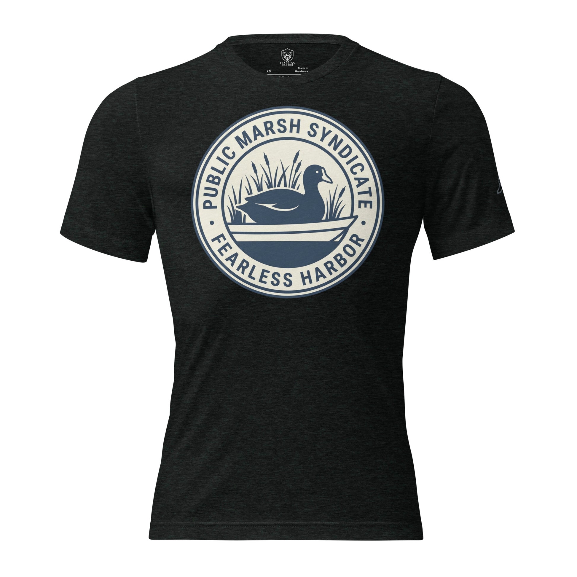 Charcoal black Public Marsh Syndicate waterfowl tee showing full coot marsh emblem on the back