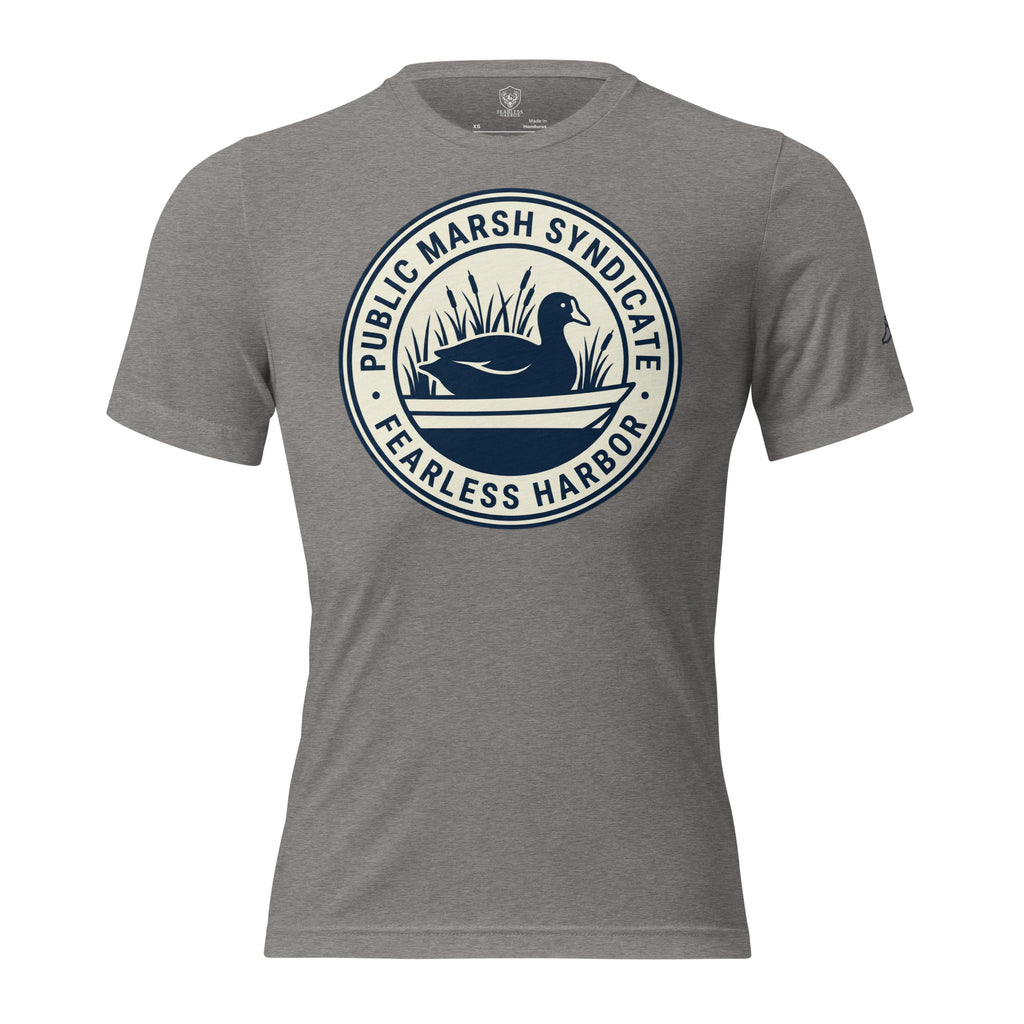 Grey triblend Public Marsh Syndicate waterfowl tee with coot chest emblem