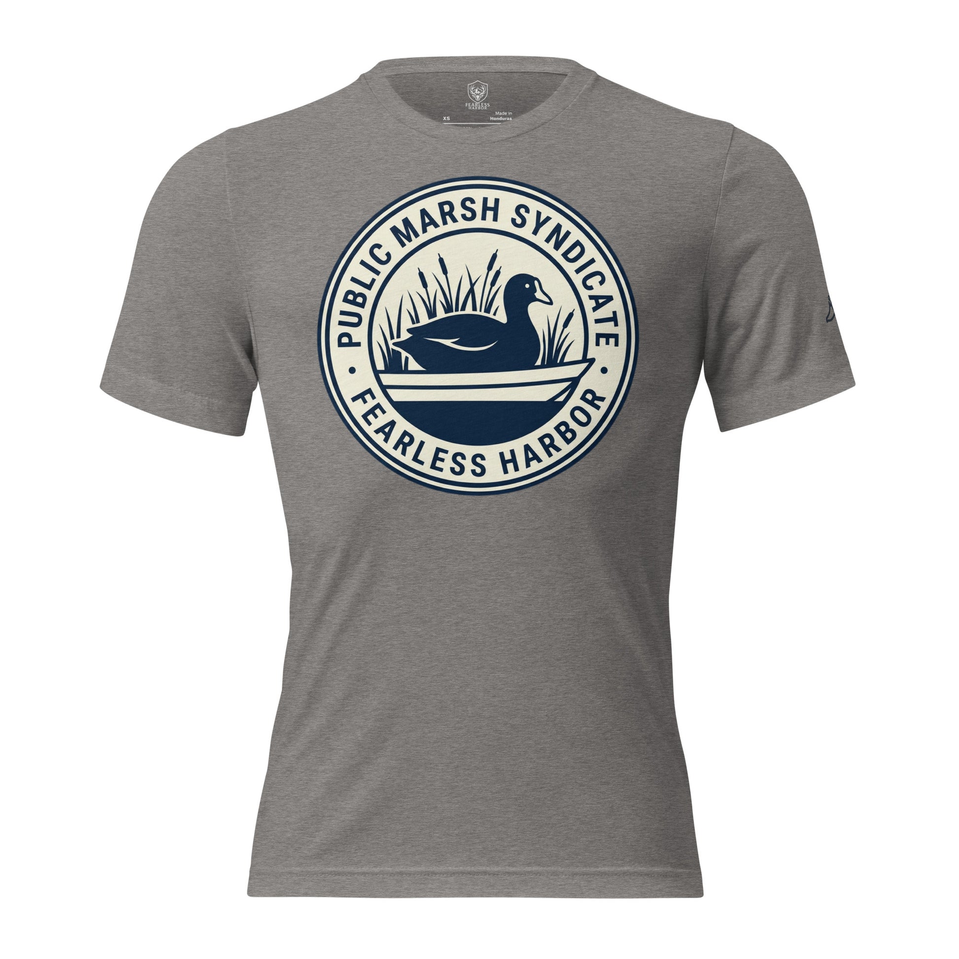 Grey triblend Public Marsh Syndicate waterfowl tee with coot chest emblem