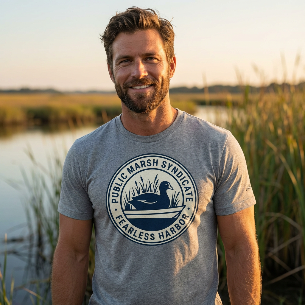 Man outdoors wearing the grey triblend Public Marsh Syndicate waterfowl tee with coot chest emblem