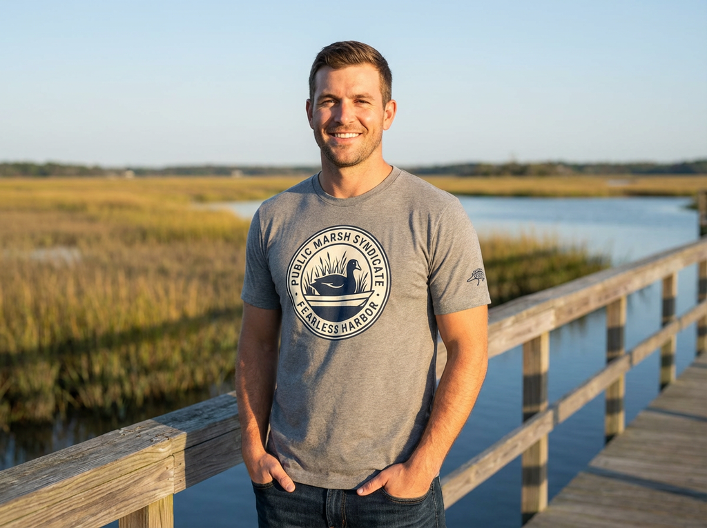 Man outdoors wearing the grey triblend Public Marsh Syndicate waterfowl tee showing the coot sleeve mark