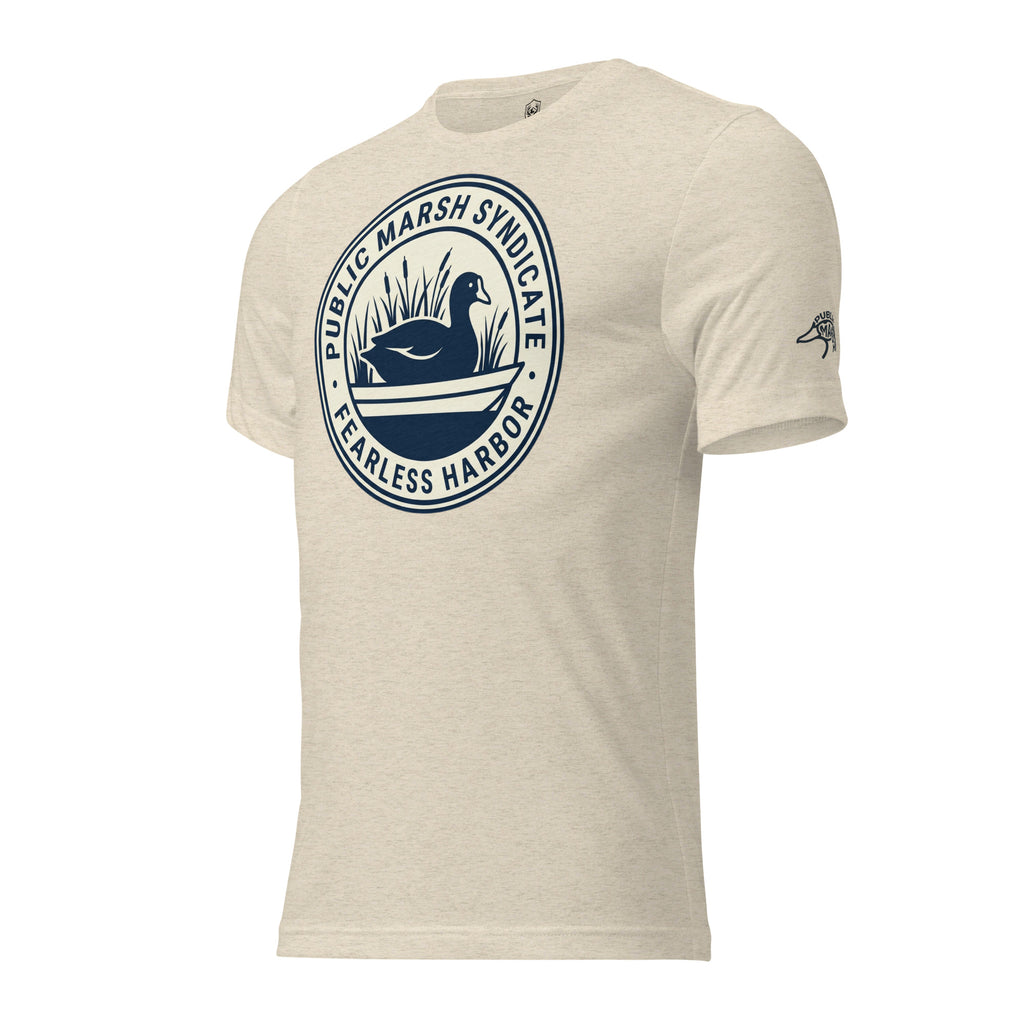 Oatmeal triblend Public Marsh Syndicate waterfowl tee showing coot hunting sleeve emblem