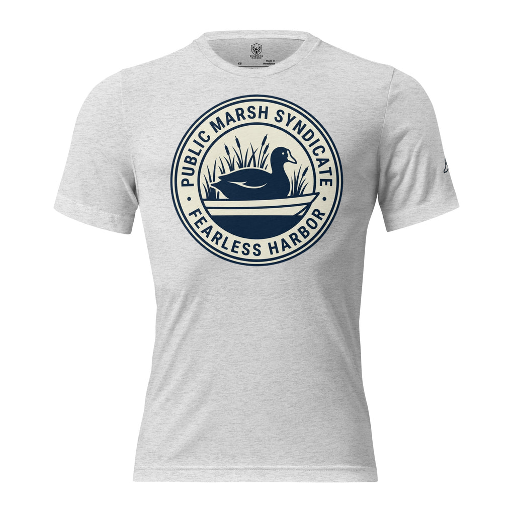 White fleck Public Marsh Syndicate waterfowl tee with small coot chest logo