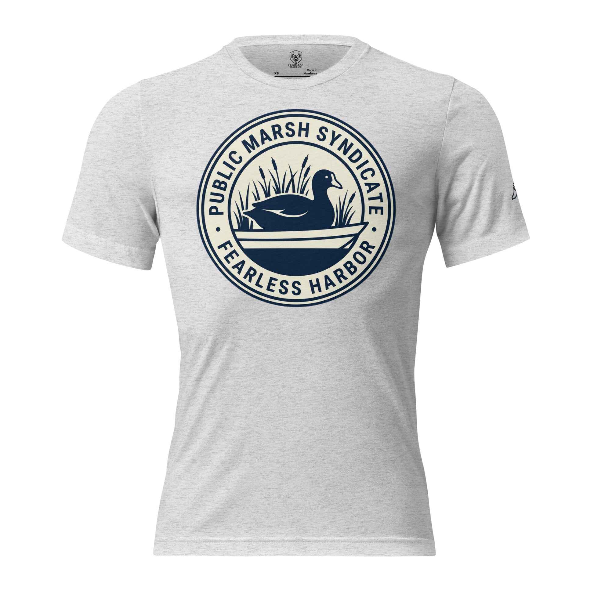 White fleck Public Marsh Syndicate waterfowl tee with small coot chest logo