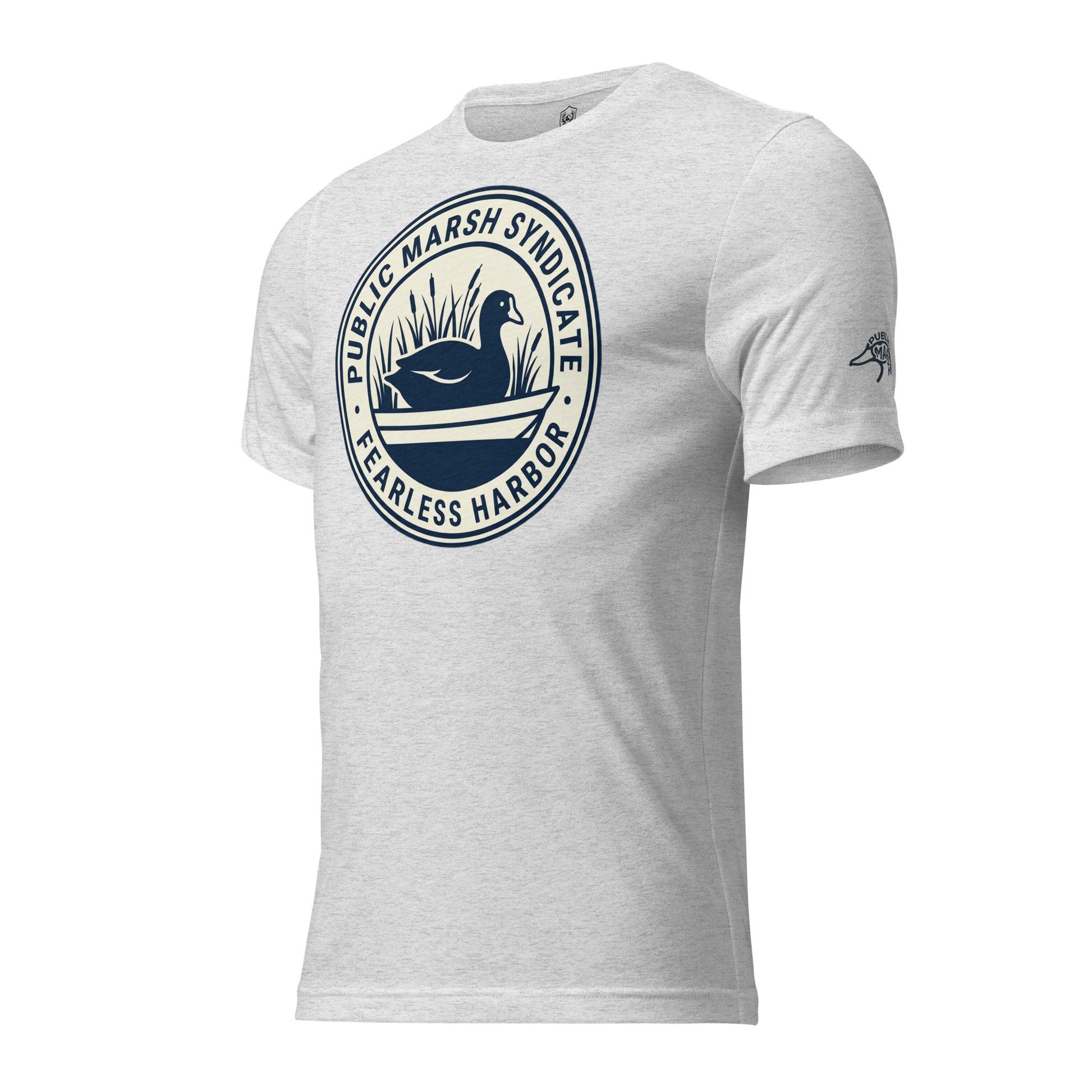 White fleck Public Marsh Syndicate waterfowl tee showing coot sleeve mark for duck hunters