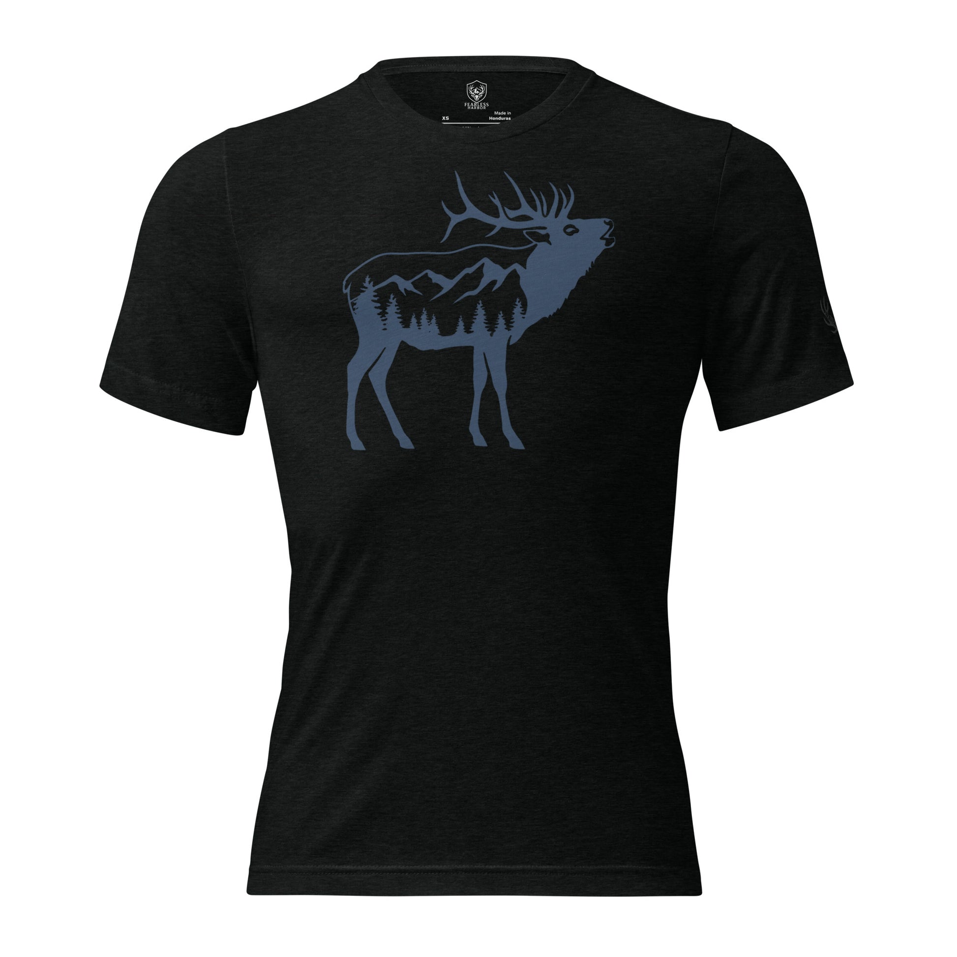 Front view of the Men's Ridge Bugle Elk Triblend Tee in Solid Black Heather with bugling bull elk mountain graphic