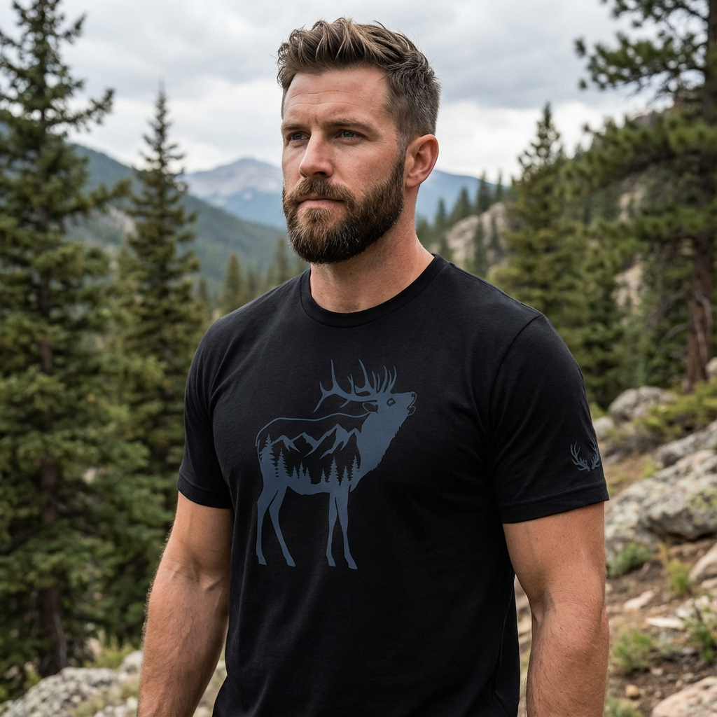 Man outdoors wearing the Men's Ridge Bugle Elk Triblend Tee in Solid Black Heather side view showing the Fearless Harbor antler sleeve emblem