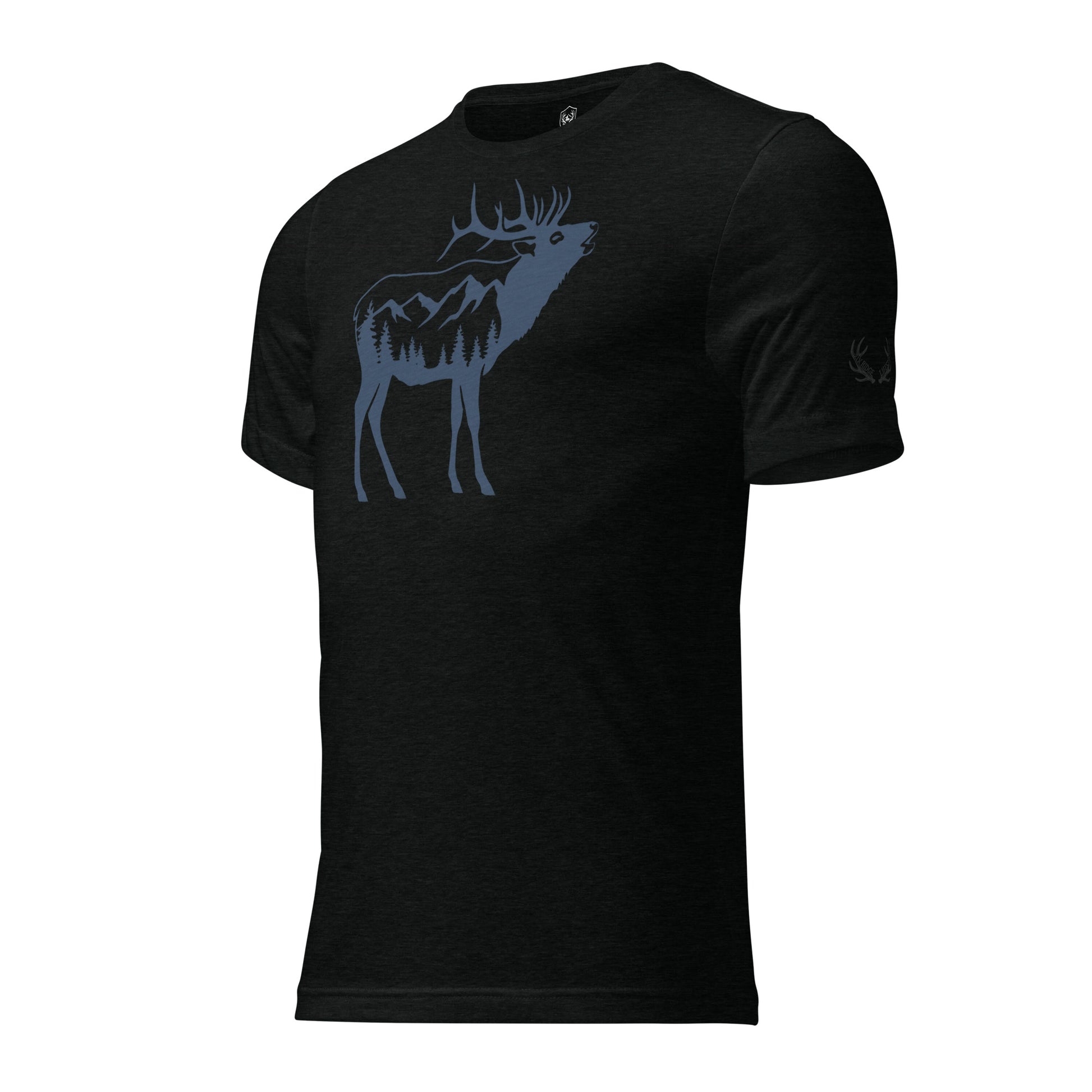 Side view of the Men's Ridge Bugle Elk Triblend Tee in Solid Black Heather showing the Fearless Harbor antler sleeve emblem