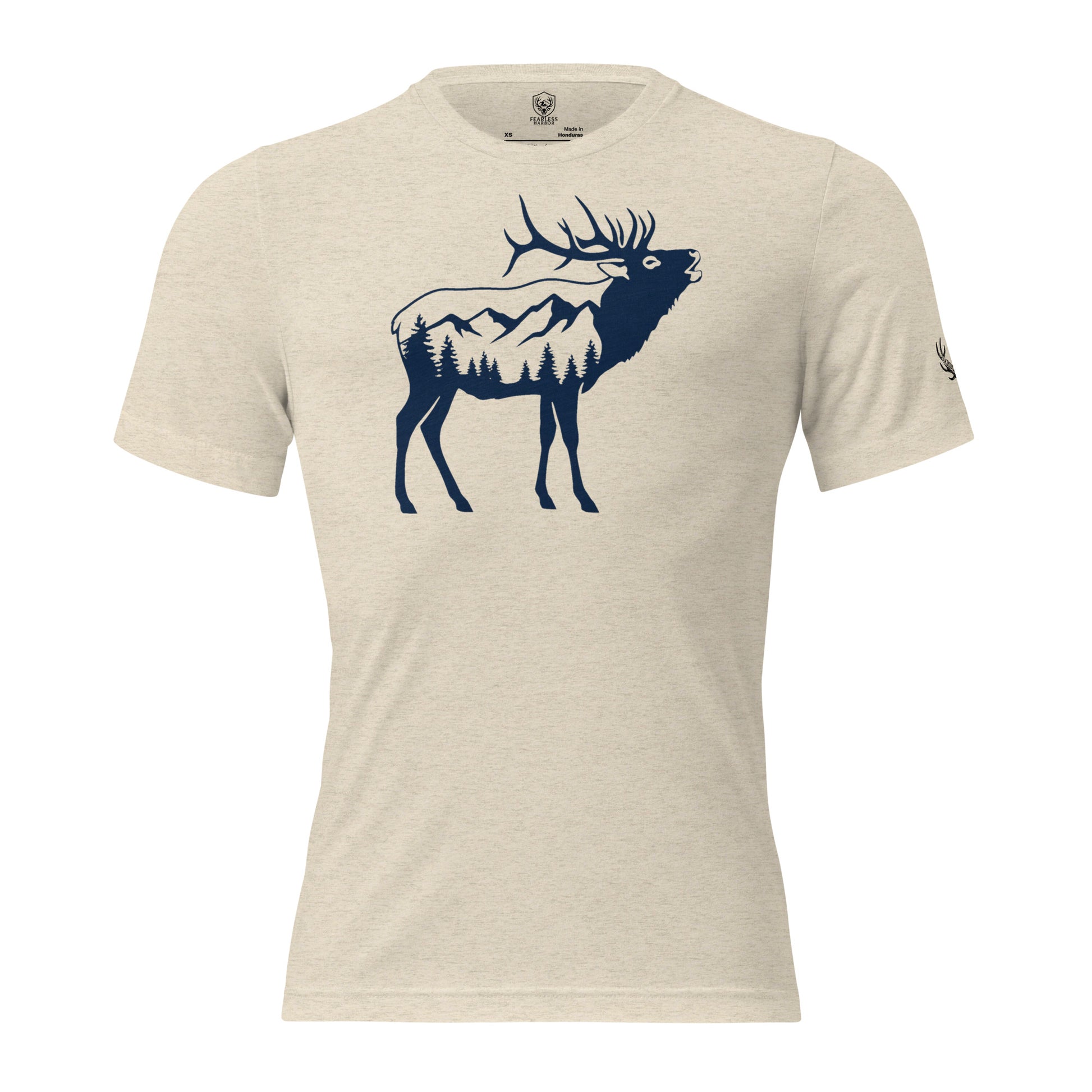 Front view of the Men's Ridge Bugle Elk Triblend Tee in Oatmeal Triblend with bugling bull elk graphic and mountain silhouette