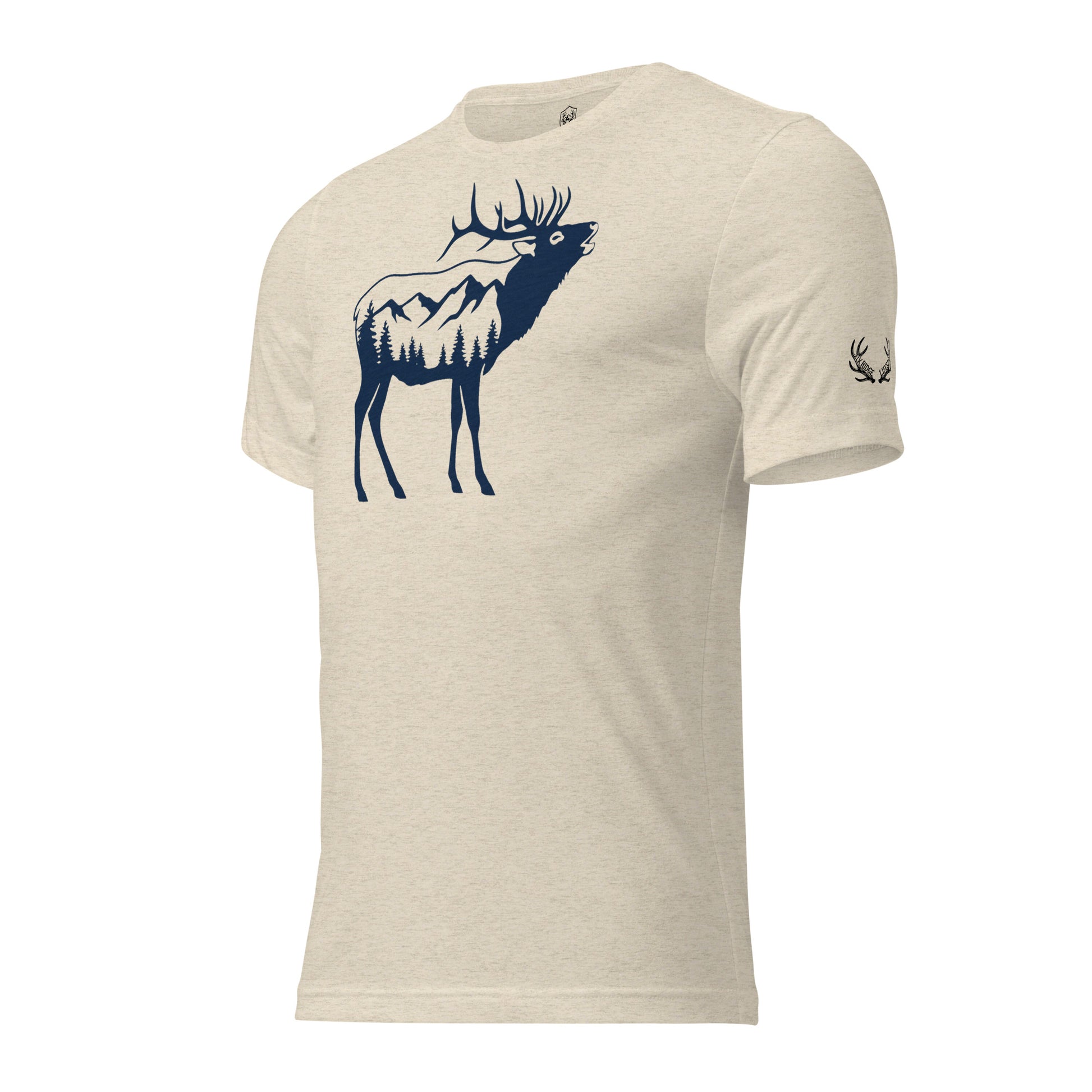 Side view of the Men's Ridge Bugle Elk Triblend Tee in Oatmeal Triblend showing the Fearless Harbor antler sleeve emblem