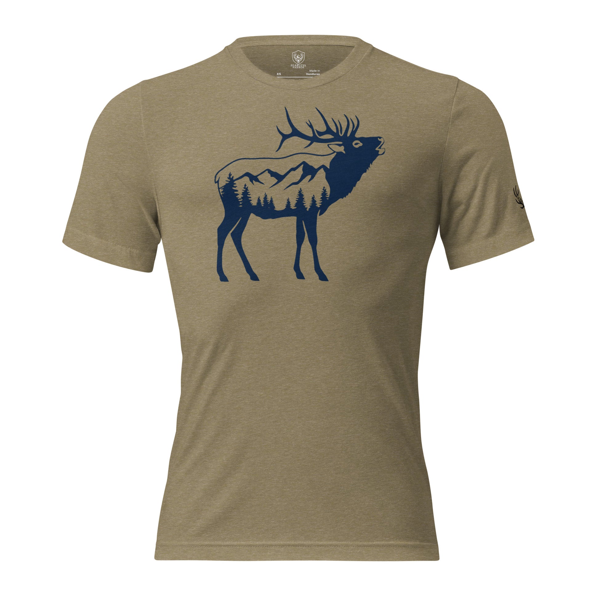Front view of the Men's Ridge Bugle Elk Triblend Tee in Olive Triblend featuring the bugling bull elk graphic with ridge and timber