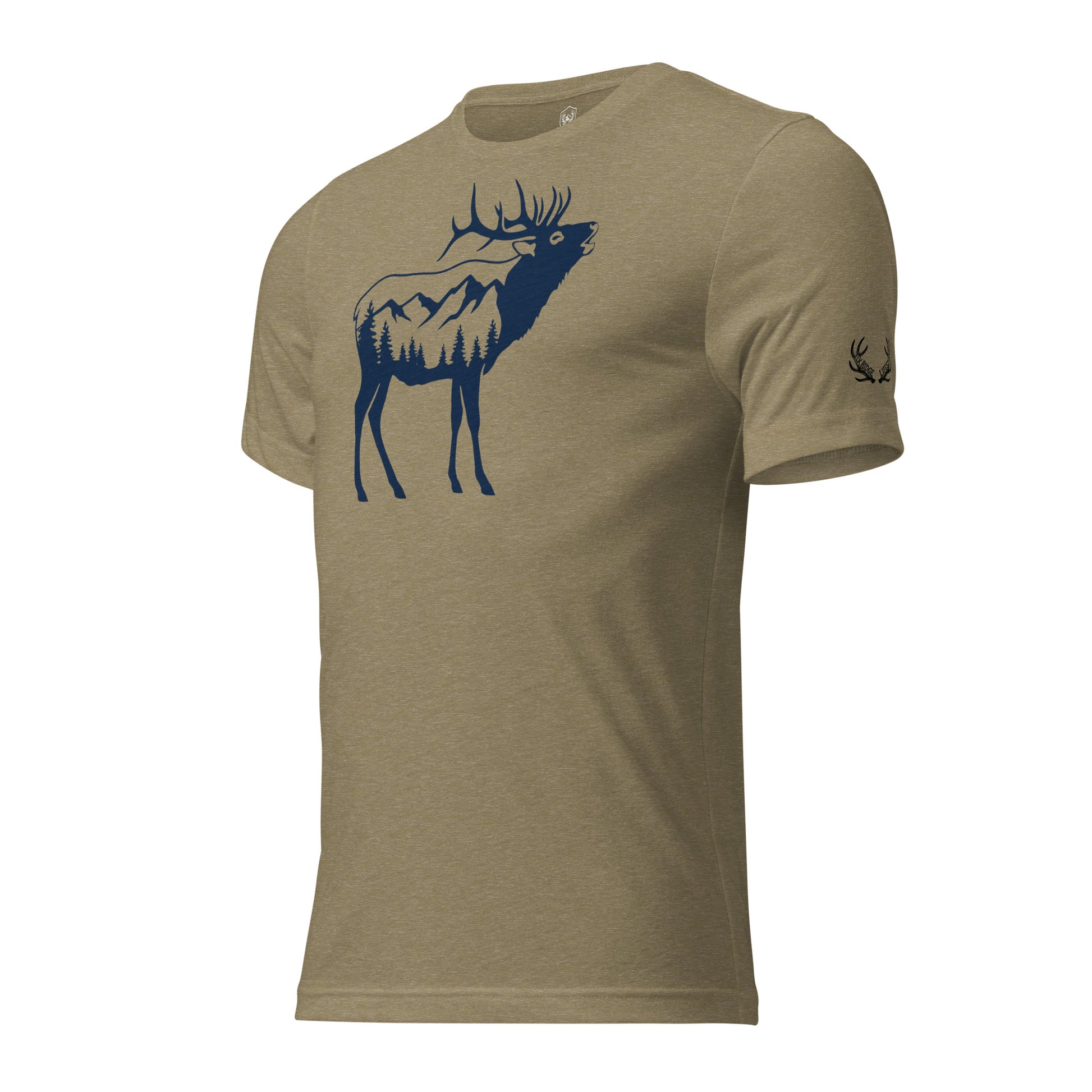Side view of the Men's Ridge Bugle Elk Triblend Tee in Olive Triblend showing the Fearless Harbor antler sleeve emblem