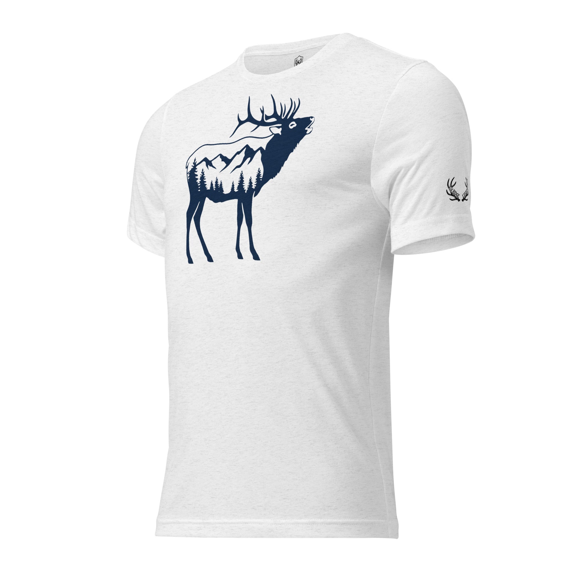 Side view of the Men's Ridge Bugle Elk Triblend Tee in Solid White Triblend with Fearless Harbor antler sleeve emblem