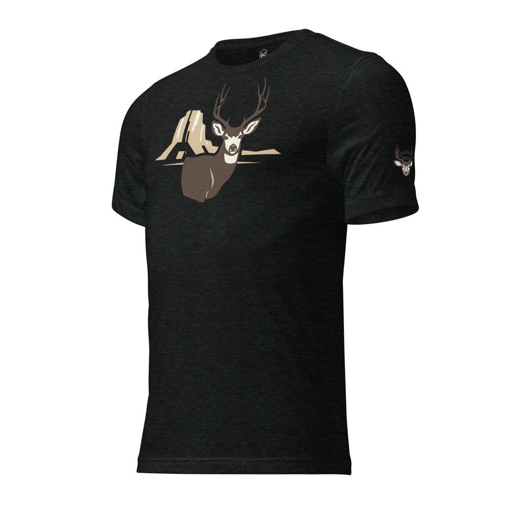 Men's Rimrock Mule Deer Tee in Charcoal Black with High Desert Rack mule deer emblem on the left front sleeve