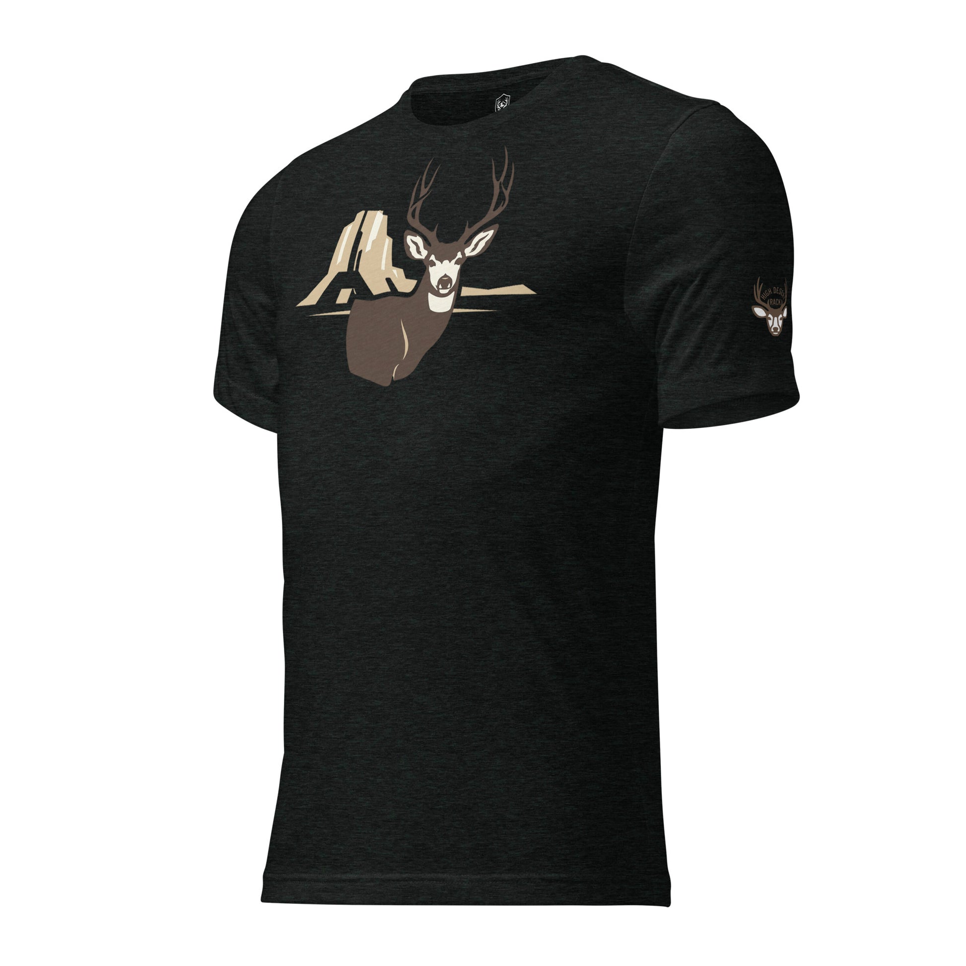 Men's Rimrock Mule Deer Tee in Charcoal Black with High Desert Rack mule deer emblem on the left front sleeve