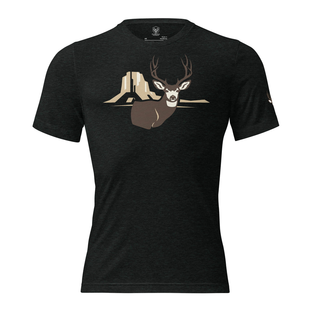 Men's Rimrock Mule Deer Tee in Charcoal Black showing mule deer buck with rimrock canyon artwork