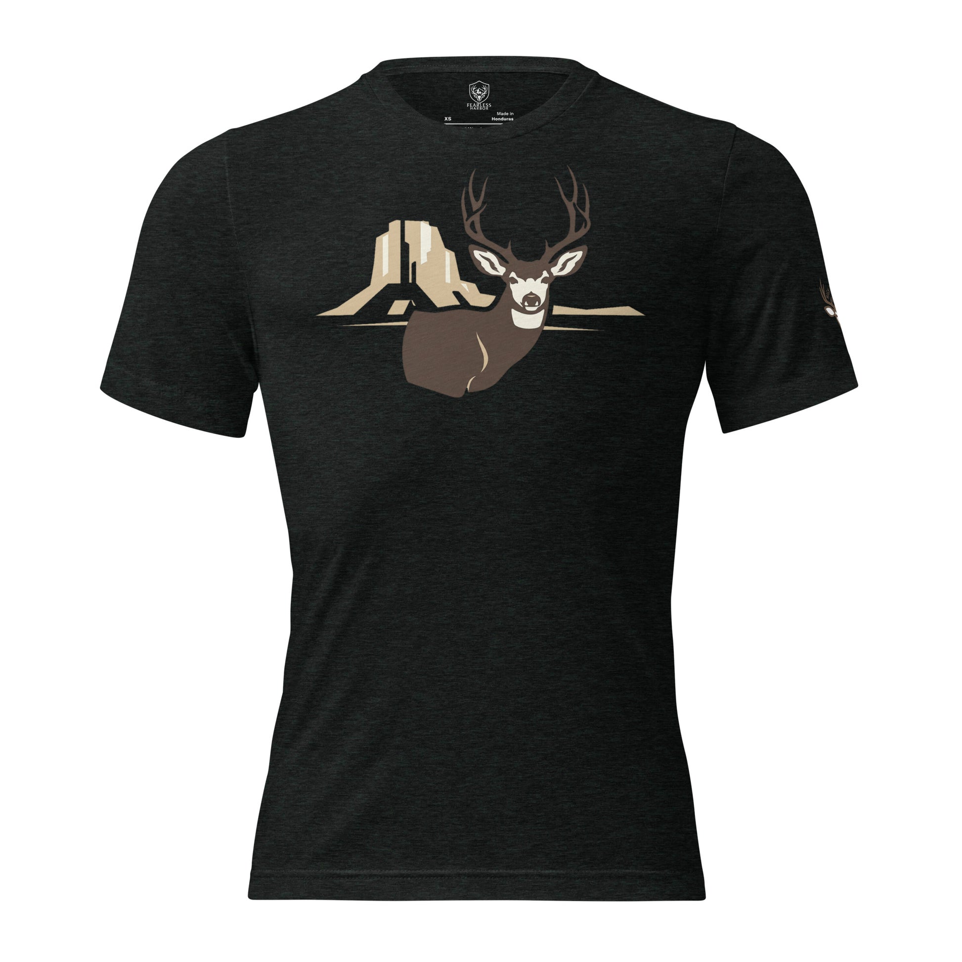 Men's Rimrock Mule Deer Tee in Charcoal Black showing mule deer buck with rimrock canyon artwork