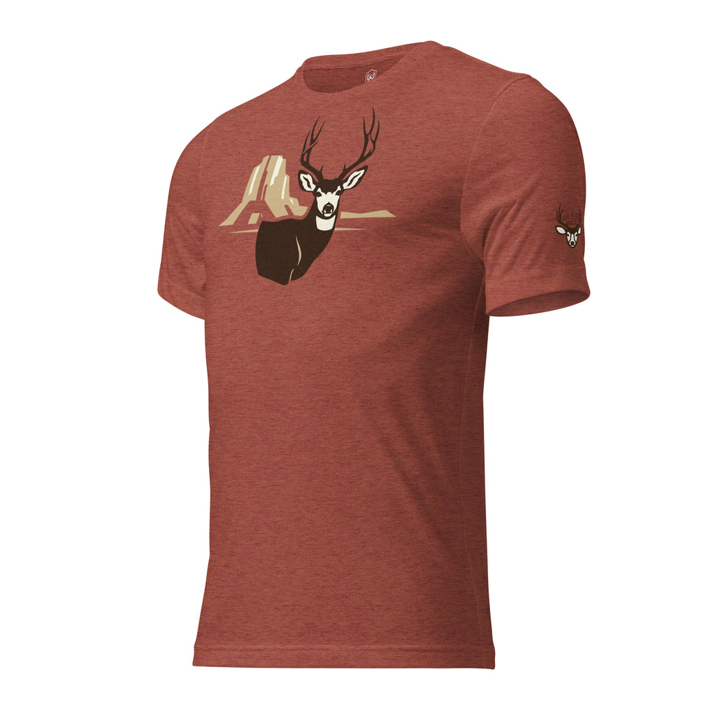 Men's Rimrock Mule Deer Tee in Clay Triblend with High Desert Rack mule deer emblem on the left front sleeve