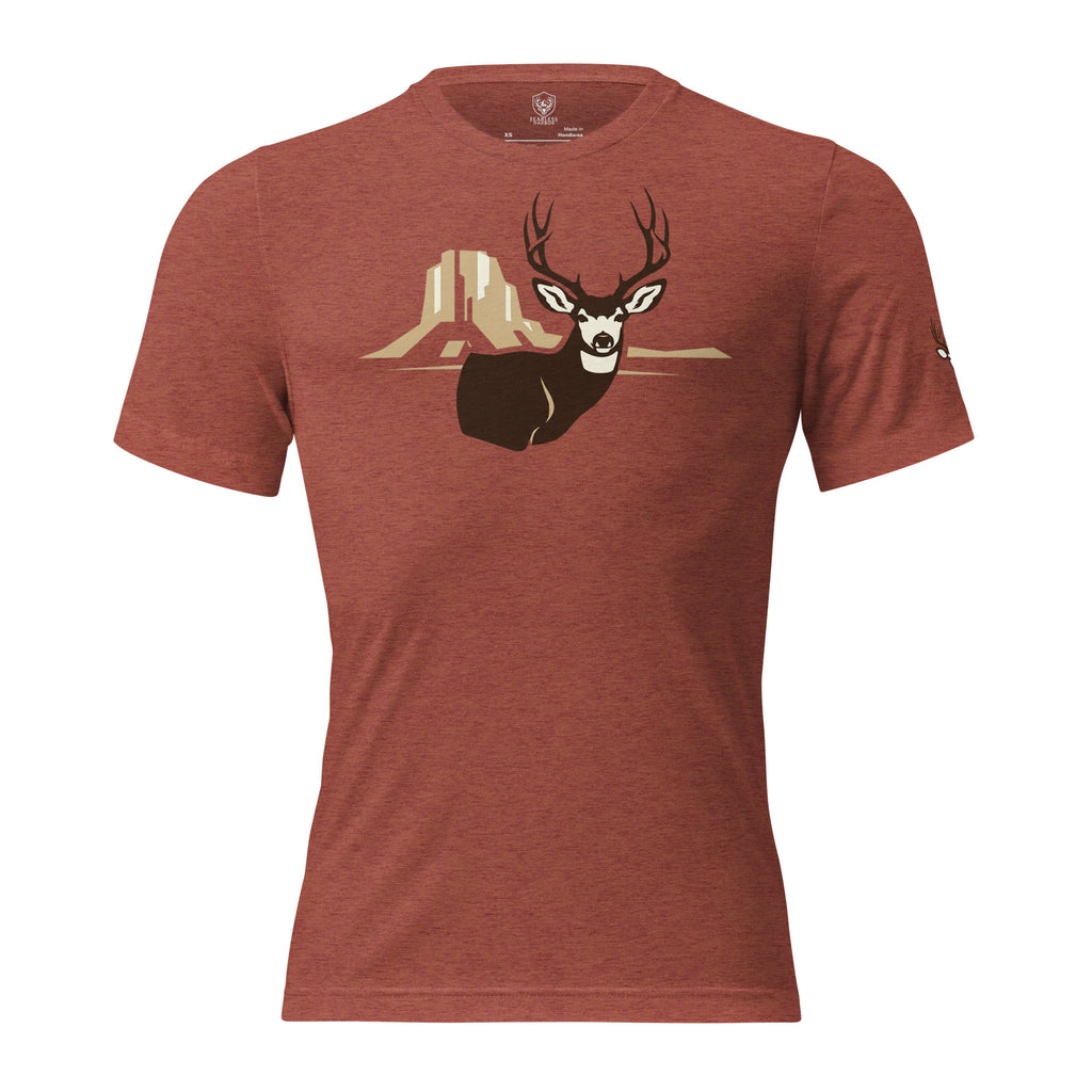 Men's Rimrock Mule Deer Tee in Clay Triblend featuring mule deer buck with rimrock desert formation graphic