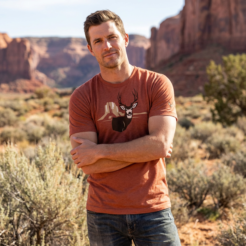 Man outdoors wearing the Men's Rimrock Mule Deer Tee in Clay Triblend front view showing the mule deer buck and rimrock artwork