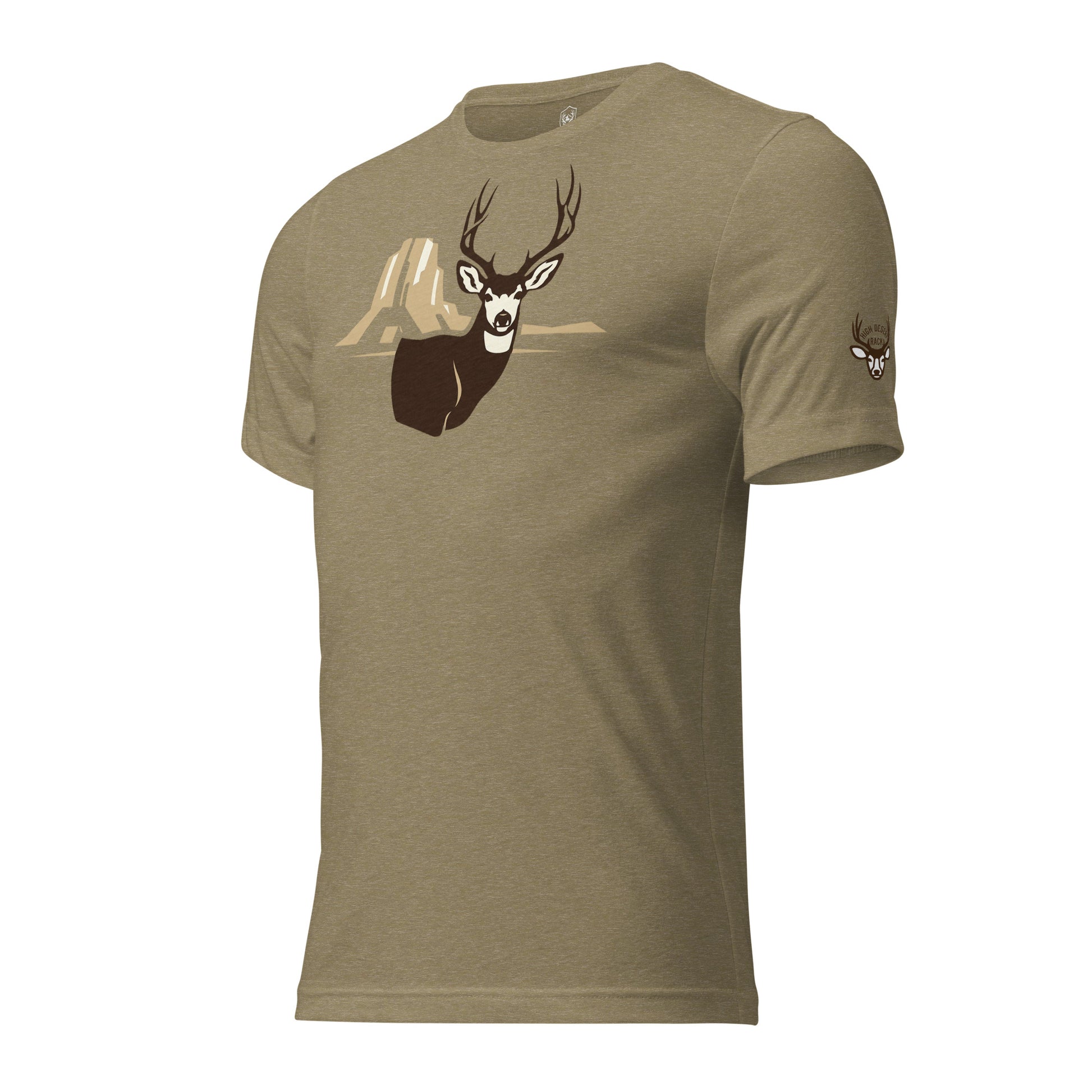 Men's Rimrock Mule Deer Tee in Olive Triblend featuring the High Desert Rack mule deer emblem on the left front sleeve