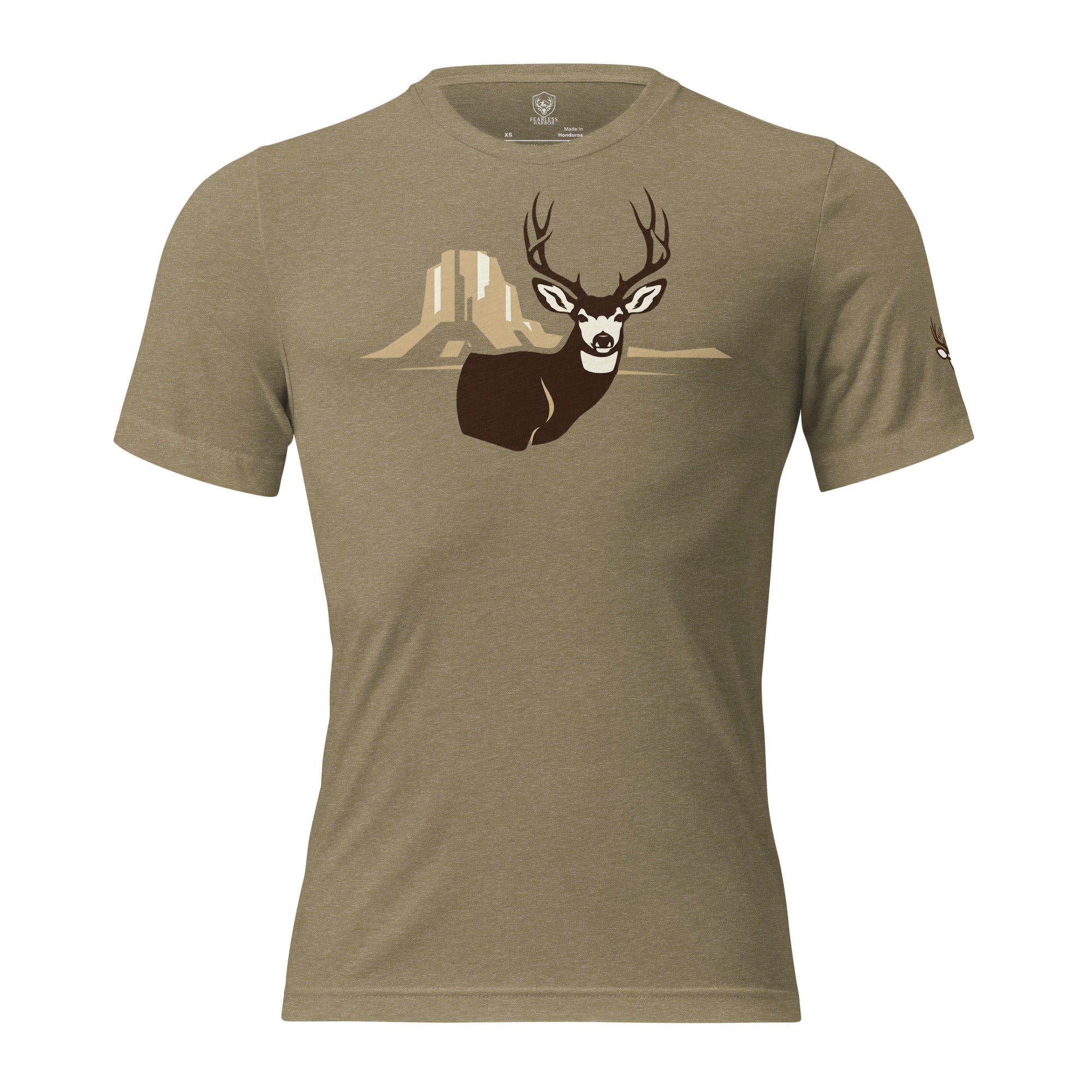 Men's Rimrock Mule Deer Tee in Olive Triblend showing mule deer buck with rimrock canyon inspired artwork